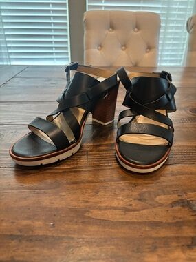 Johnston & Murphy Kayla black strappy leather heel slingback sandals